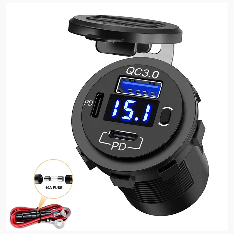 Gniazdo ładowania 2x PD 30W QC3.0 18W z woltomierzem